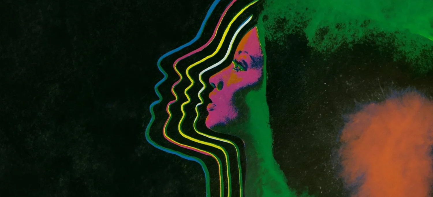 A woman's face in profile, outlined in rippling neon lines against black and green.