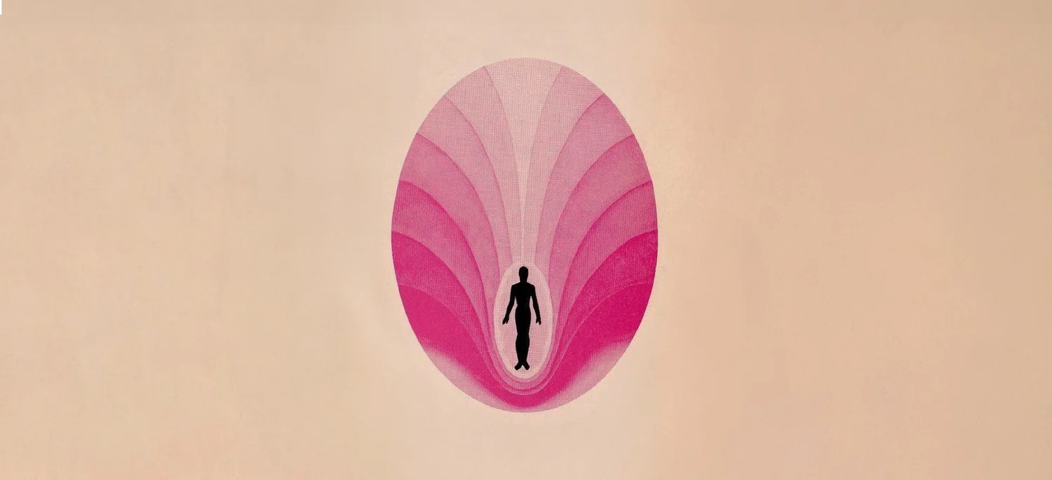 A small black human figure standing inside a pink, petal-like oval on a pale blush ground.