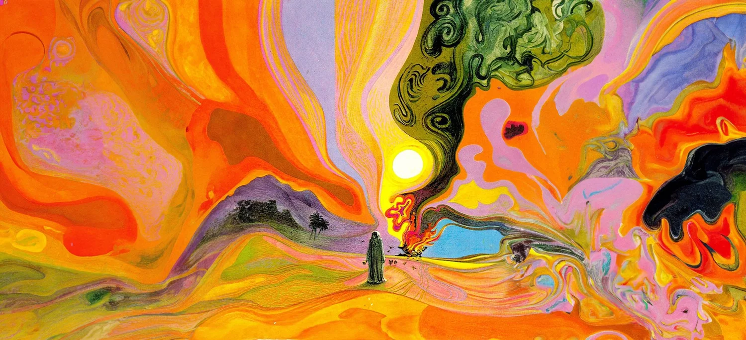 A small cloaked figure in a swirling marbled landscape of orange, pink and green, beneath a pale sun.