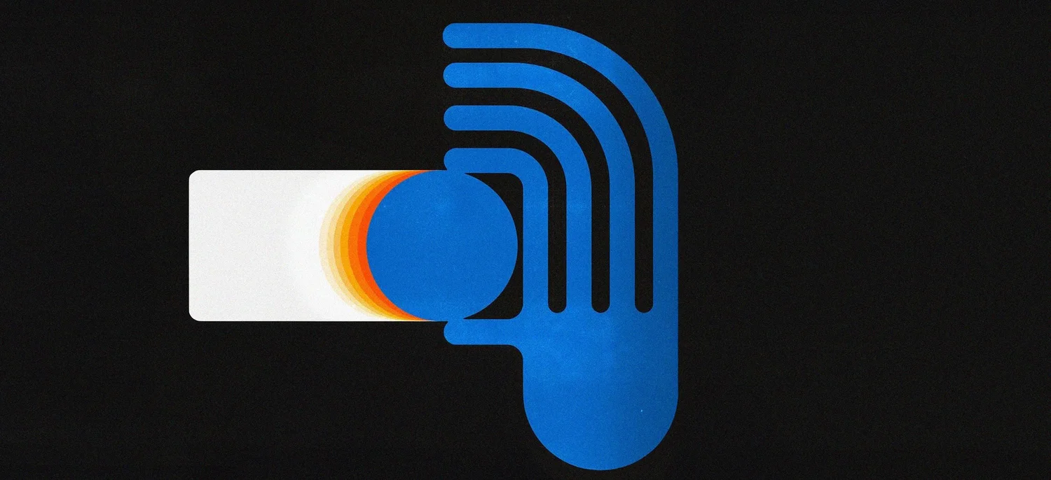 A blue disc trailing orange rings inside a blue arched form on black.