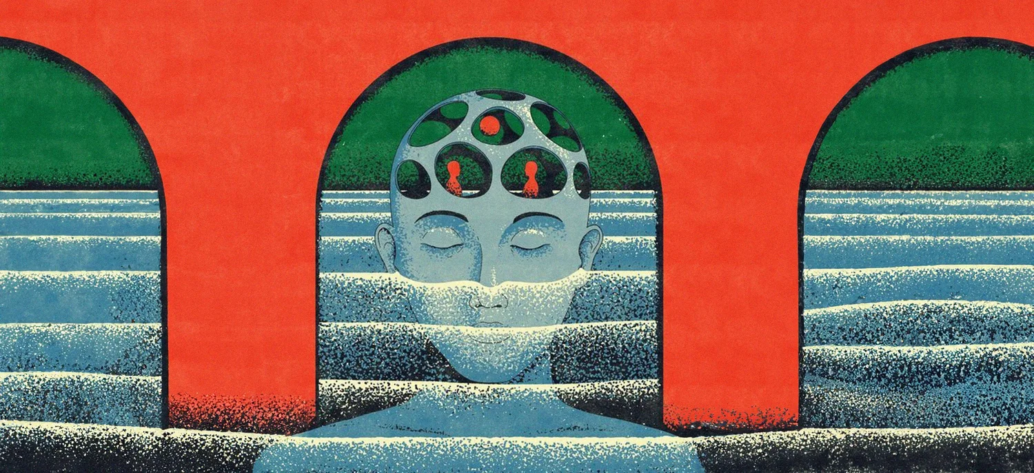 A stone-blue head with closed eyes rising from water between red arches.