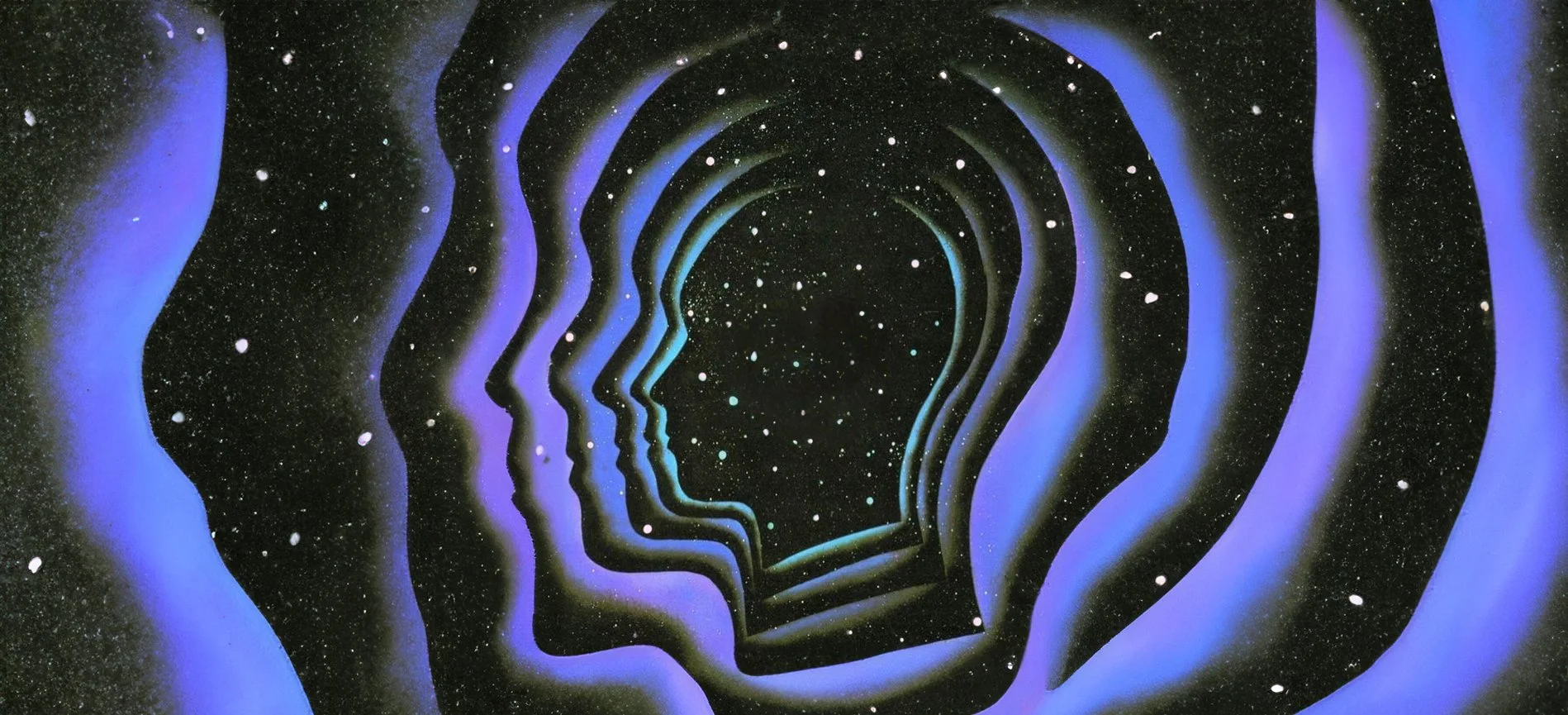 Nested silhouettes of a head in profile, outlined in violet light and filled with stars.