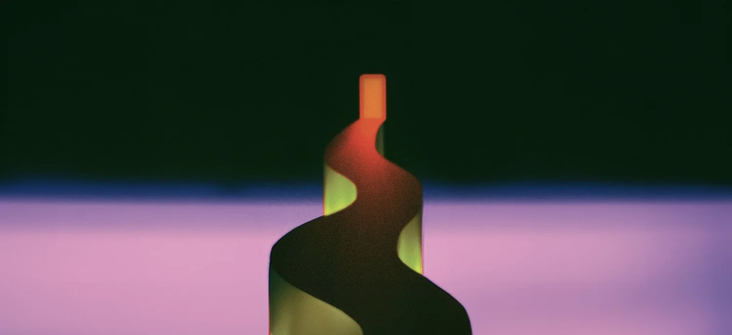 A twisted, bottle-like form in red and green against a lilac horizon.