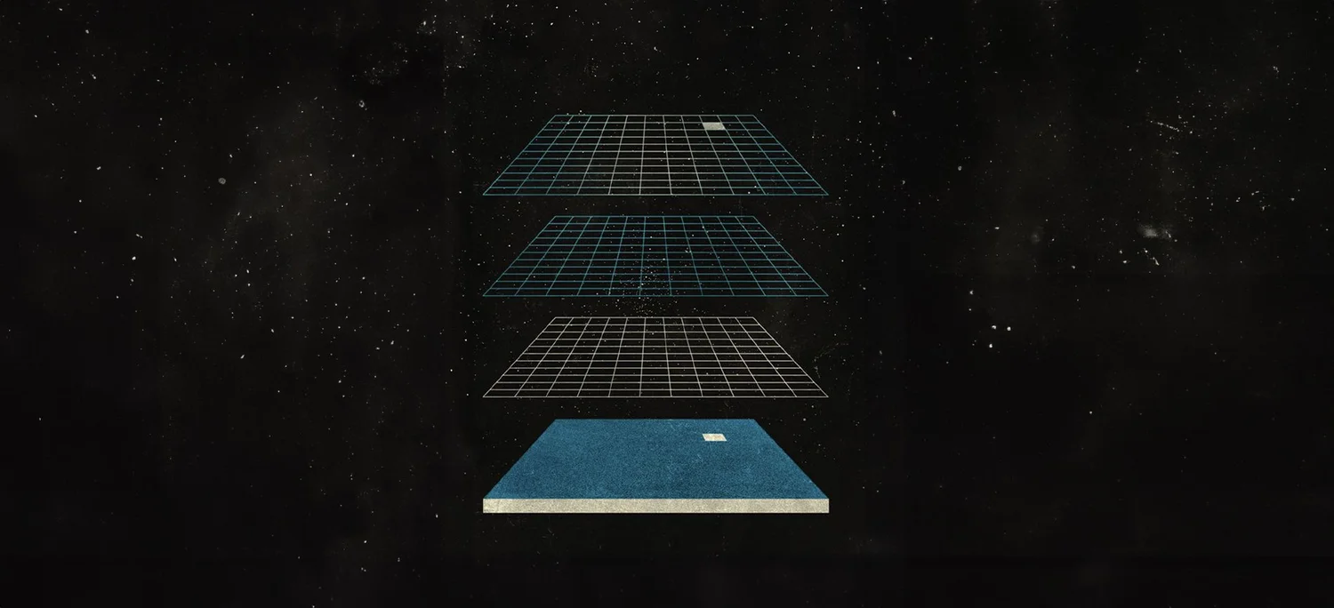 Four gridded planes stacked in space above a blue slab, against a field of stars.