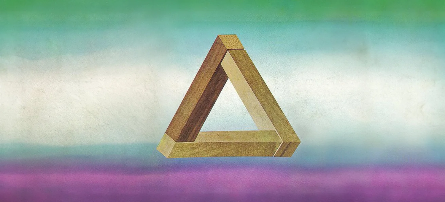 An impossible wooden triangle floating over bands of green, white and violet.