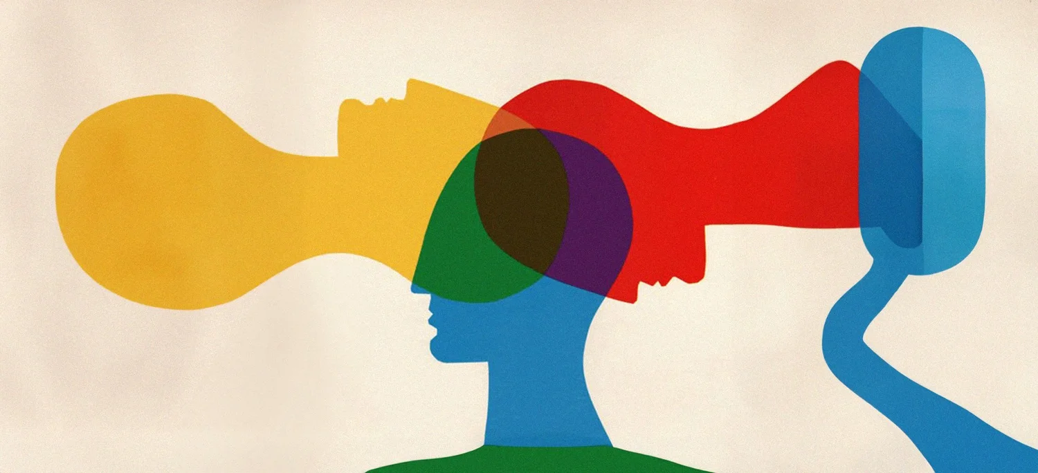 Abstract illustration of a person's profile with layered, overlapping silhouettes in green, blue, purple, red, and yellow.